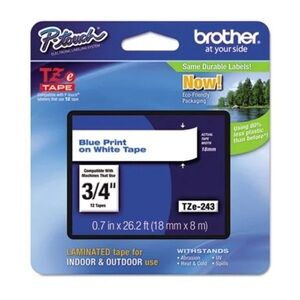 Brother P-touch TZe-243 Laminated Label Maker Tape, 3/4"x26-2/10', Blue On White